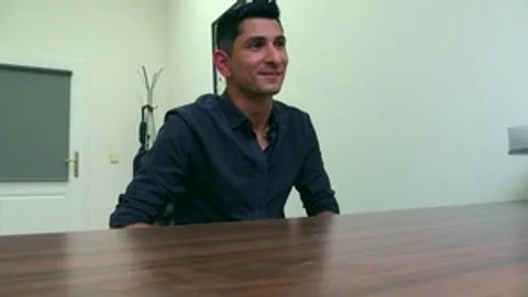 dark-haired man gets butthole-blasted hard on the desk